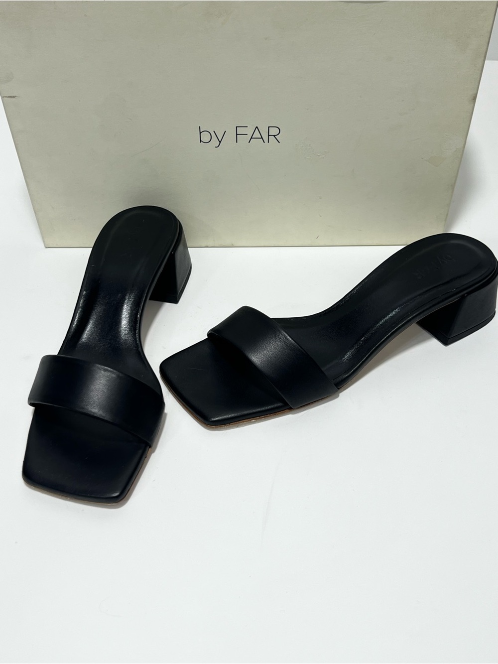 BY FAR Black Leather Square-Toe Block Heel sandal Slides 7.5 in box black